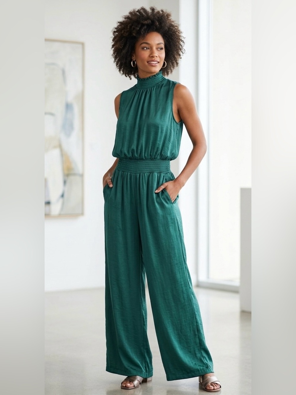 Smocked-Neck Sleeveless Wide-Leg Jumpsuit - Emerald Green